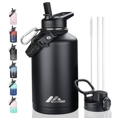 StarSpeed 64oz Insulated Water Bottle with Straws & 2 Lids,Black - color: Black, size: 64 Ounces