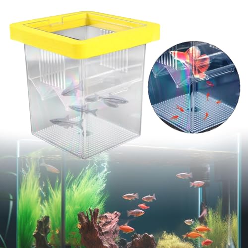 Breeder Box for Fish Tank, Aquarium Hatchery Nursery Box for Fry, Pregnant Fish, and Shrimp, Floating Isolation Tank with Suction Cups- Yellow
