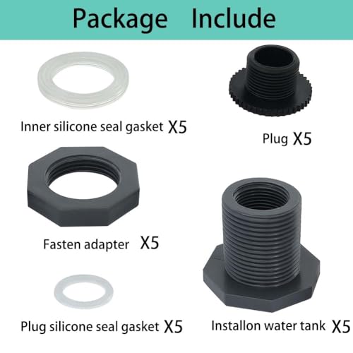 YSIL PVC Bulkhead Fitting 1 Inch Female Water Tank Connector with Plugs Pipe Fitting for 1-7/8"(48 mm) Water Tanks,Rain Barrels, Aquariums,Pools 5 Pack