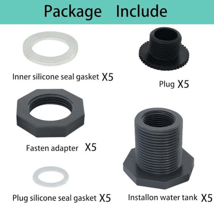 YSIL PVC Bulkhead Fitting 1 Inch Female Water Tank Connector with Plugs Pipe Fitting for 1-7/8"(48 mm) Water Tanks,Rain Barrels, Aquariums,Pools 5 Pack