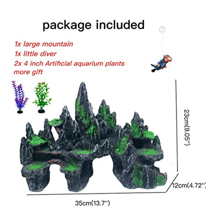 Extra Large Aquarium Decorations - Big Mountain View Ornaments, Come with 1 Little Diver and 2X 4inch Aquarium Plastic Plants