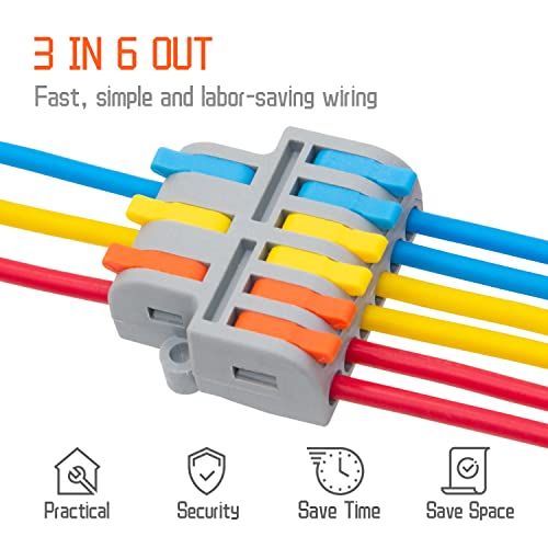5Pcs Lever Wire Connectors, 3 in 6 Out Quick Wiring Cable Electrical Connector for 24-12 AWG
