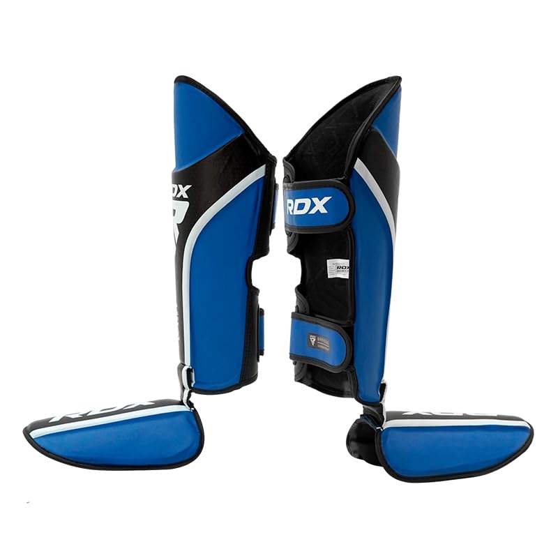RDX Shin Guards for Kickboxing, MMA, Muay Thai Training, Maya Hide Leather Instep Pads for Sparring, Martial Arts, Gear for BJJ and Boxing - color: BLUE BLACK