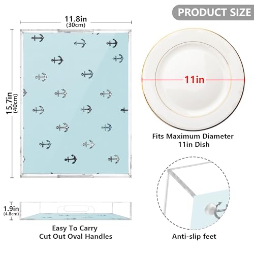 Acrylic Tray Clear Serving Vanity Ottoman Bathroom Coffee Table Countertop Organizer Raised Edge Spill Proof Nautical Anchors Blue - color: Nautical Anchors Blue