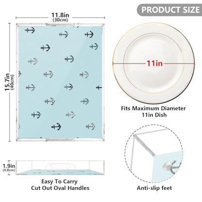 Acrylic Tray Clear Serving Vanity Ottoman Bathroom Coffee Table Countertop Organizer Raised Edge Spill Proof Nautical Anchors Blue - color: Nautical Anchors Blue