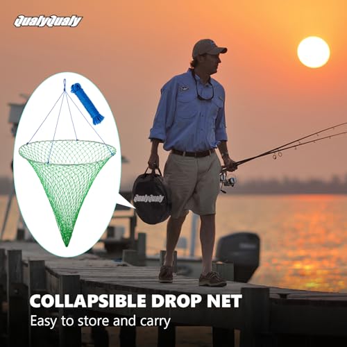 Large Bridge and Pier Fishing Net 32''/39'' Hoop, Foldable Drop Net Pier Fishing for Saltwater with Rope, Landing Net with Nylon Mesh, Collapsible Soft Steel Ring - color: Green, size: M: 32''×36''