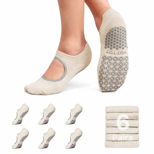 YOTTOY Pilates Socks for Women(6 Pairs)–Breathable, Grip-Enhanced Non-Slip Yoga Socks, Durable & Perfect for Home Workouts - color: White