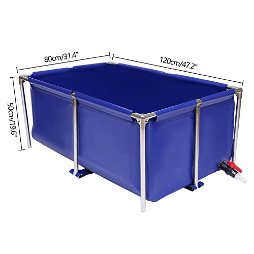Canvas Fish Pond Aquarium Fish Water Tank, Koi Breeding Pond with Metal Frame and Drain Valve,Blue Cuboid Ornamental Swimming Pool Foldable Water Storage Above Ground Pond for Home