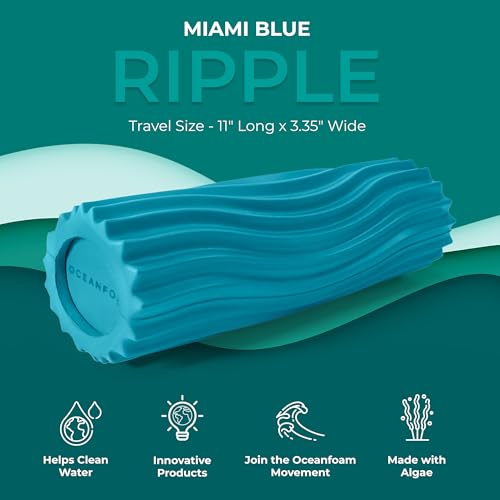 Oceanfoam Ripple Travel Foam Roller (11" x 3.35") Firm Mini Foam Roller for Physical Therapy, Deep Tissue Massage, Back Pain, High Density, Ergonomic Wave Textured, Yoga, Pilate, Exercise (Miami Blue) - color: Miami Blue