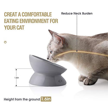 Sweejar Ceramic Raised Cat Bowls, Slanted Cat Dish Food or Water Bowls, Elevated Porcelain Pet Feeder Bowl Protect Cat's Spine, Stress Free, Backflow Prevention (Gray)