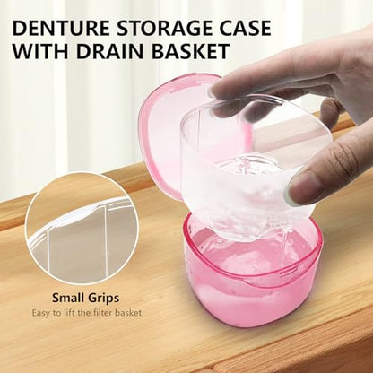 Travel Denture Case Denture Soaking Container with Brush, Denture Cleaning Case Retainer Bath Box Case False Teeth Container - Leak Proof & Lid Waterproof - Transparent Pink - color: Transparent Pink