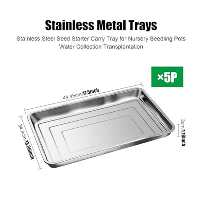 RooTrimmer 5 Pack Large Stainless Steel Seedling Trays, Heavy Duty Metal Water Catch Trays for Nursery Pots-Transplant, Seed Germination & Propagation Flats (17.5 inch×13.56 inch, 1.18" Height) - size: Large-5P
