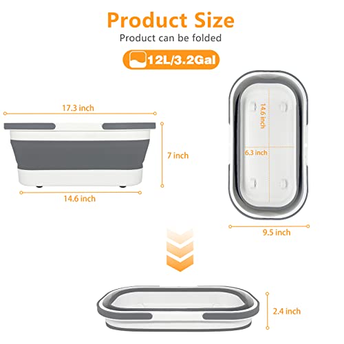 Collapsible Plastic Bucket with Wheels 12L (3.17 Gallon) for House Cleaning, Camping, and RV - Multi-Purpose Rectangular Handy Basket for Cleaning Mop - Lightweight and Portable (Grey) - color: 12l-grey
