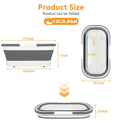 Collapsible Plastic Bucket with Wheels 12L (3.17 Gallon) for House Cleaning, Camping, and RV - Multi-Purpose Rectangular Handy Basket for Cleaning Mop - Lightweight and Portable (Grey) - color: 12l-grey