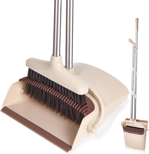 Broom and Dustpan Set with Long Handle, Light Weight Stainless Steel Poles Stand Upright Dustpans with Broom Combo for Home Kitchen Office Pet Dog Hair, Brown & Beige Color, 1-Pack - color: Beige