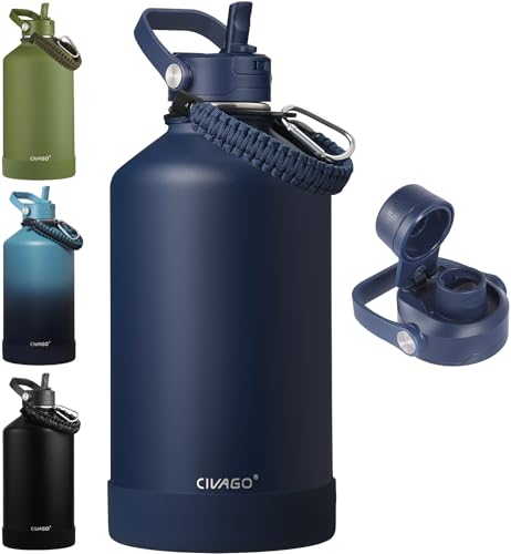 CIVAGO Gallon Insulated Stainless Steel Water Bottle with Removable Straw | 128 oz Large Leakproof Water Jug, Big Metal Sports Flask Cup with Bucket Handle, Silicone Boot, Strap, Dishwasher Safe, Navy - color: .Navy, size: 128 Ounces