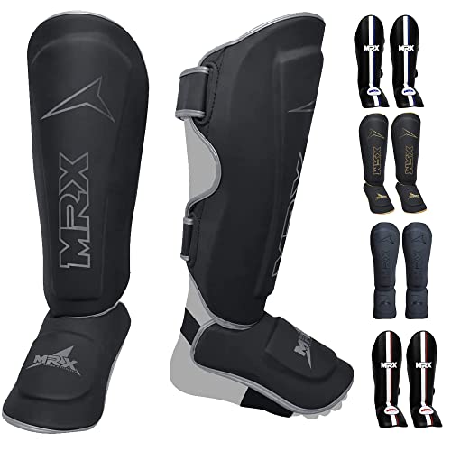 MRX BOXING & FITNESS Shin Guards Pads for Boxing MMA Muay Thai Kickboxing Training Workout Extra Padding with Deluxe Embossed Design Protective Gear Men Women Shin Protector - color: Black/Silver, size: Large