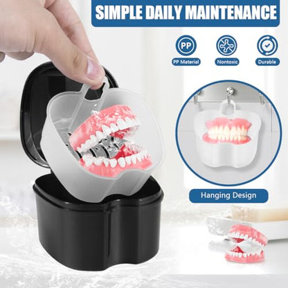 KISEER Black Denture Bath Case Cup Box Holder Storage Soak Container with Strainer Basket for Travel Cleaning - color: Black