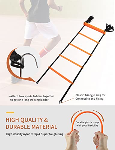 YISSVIC Agility Ladder and Cones 20 Feet 12 Adjustable Rungs Fitness Speed Training Equipment,1 Carry Bags, 10 Cones, 4 Stakes, Basketball, Soccer