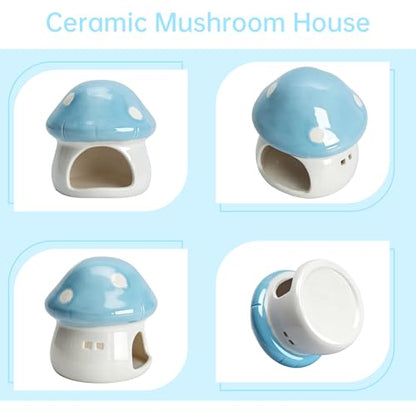AnRui Ceramic Mushroom Aquarium Decor Cute House Betta Fish Tank Accessories Decoration Hideout Cave for Small Fish, Shrimp, Goldfish and Reptiles, Easy to Clean (Blue, Small)