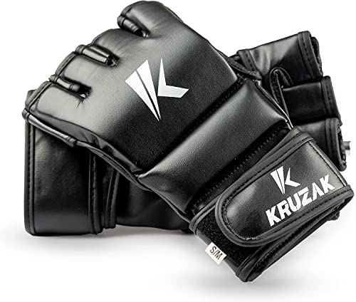 Kruzak MMA Gloves, Half-Finger Boxing Mitts with Hand Wraps - color: Black, size: Small-Medium