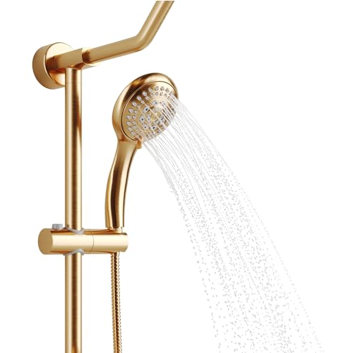 PULSE ShowerSpas Kauai III Brushed Gold Rain Shower Head with Handheld Spray - 1.8 GPM, 8" Showerhead, 5-Function HandShower, Adjustable Slide Bar - Shower Heads with Handheld Spray Combo - size: 1.8 Gallon Per Minute, style: Brushed Gold