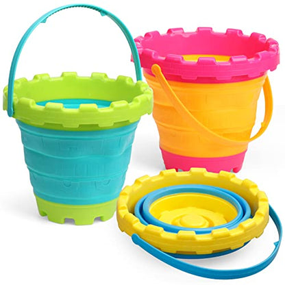 Jumbo Sand Beach Bucket Toys for Kids, Large Fodable Bucket with Mesh Bag, Silicon Travel Collasible Pail Toys For Sand Snow Fun, Sanbox Toy Garden Tools Perfect for Beach Snow Backyard Gifts 3 PACK - style: Fang