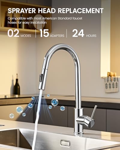 Metal Kitchen Faucet Head Replacement, 2-Mode Pull Down Kitchen Faucet Spray Head with 15 Adapters, High Pressure Sink Sprayer Nozzle Stainless Steel, Chrome - color: Chrome