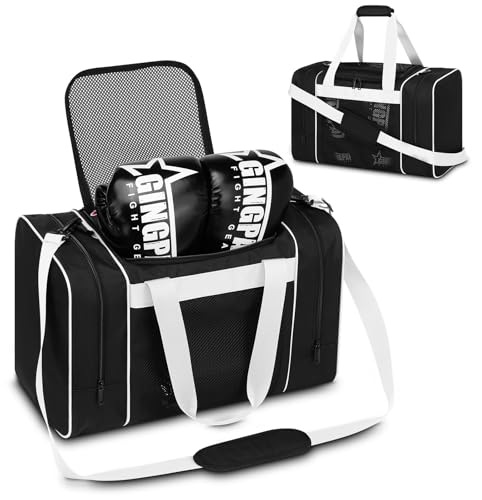 Boxing Gym Duffle Bag, Breathable Mesh Gym Bag for Boxing Gear | Ventilated Design, Wet Pocket, Privacy Pocket, Removable Shoulder Strap | Boxing, MMA, Muay Thai, BJJ & Wrestling Workout Bag - color: White