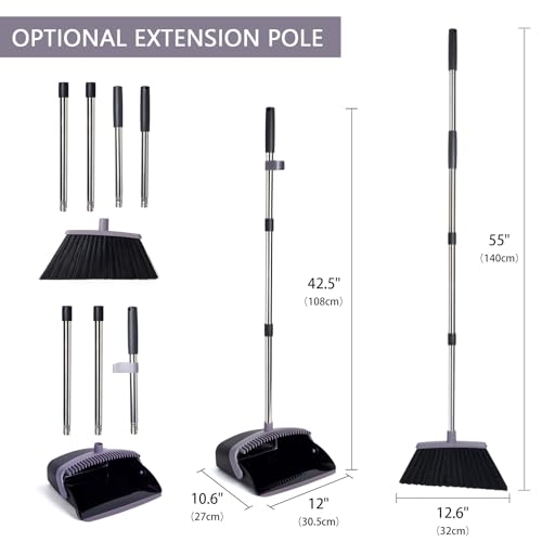 Broom and Dustpan Set, Dustpans with Broom Combo for Home, Heavy Dust Broom and Dustpan Combo, Long Handle Dust Pan and Broom Set for Kitchen, Office, Pet Hair, Charcoal Color, Pack of 1 - color: Charcoal Black