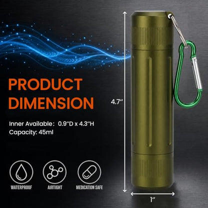Waterproof Pill Container, Airtight Metal Tube Storage with Dual-Opening Lids, Hooks, Aluminium Smell Proof Keychain Spice Bottle Portable Case for Camp, Travel, Outdoor