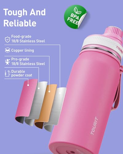 TOURIT 32oz Stainless Steel Wide Mouth Water Bottle, Double-Wall Vacuum Insulation with Spout Lid for Sports and Travel, Pink - color: Pink