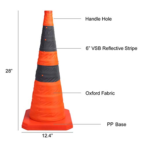 Sunnyglade 4 Pack 28 inch Collapsible Traffic Cones with LED Light Orange | Orange Collapsible Traffic Cones with Reflective Bands Led Lights High-Visibility Oxford Fabric for Parking and Road Safety