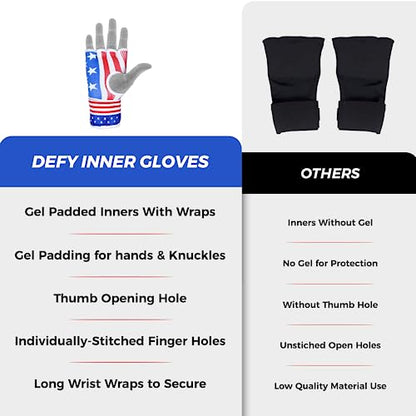 DEFY Padded Inner Gloves Quick 75cm Long Strap – Inner Boxing Gloves Gel Padded Knuckle Protection – Elasticated Boxing Hand Wraps for MMA Muay Thai Kickboxing Martial Arts Pair - color: US Flag, size: X-Large