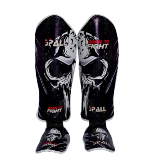 Spall Pro US Muay Thai Guards Shin Guards for Kickboxing Martial Arts BJJ Boxing Sparring with MMA Foot Protector - Born to Fight Black (X-Large)