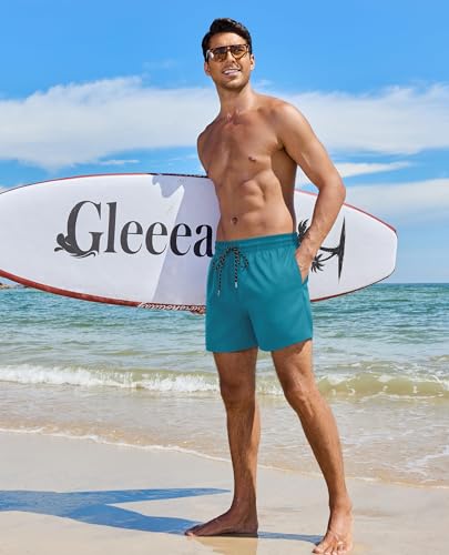 Gleeease 5 Inch Mens Swim Trunks with Compression Liner Men's Bathing Suit - color: Bluish Green, size: Small