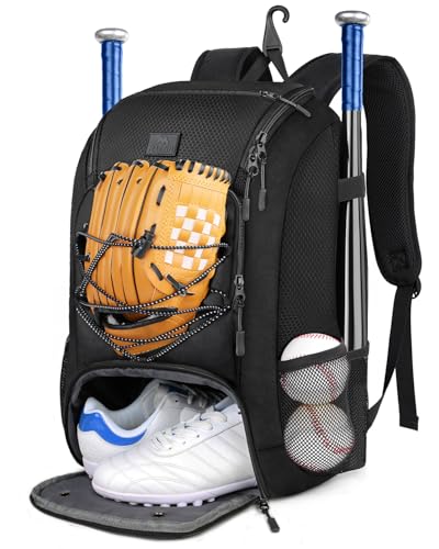 MATEIN Youth Baseball Backpack, Softball Bat Bag with Shoes Compartment | Lightweight Baseball Bag for Boys and Adult, Fence Hook Hold TBall Bat, Batting Mitten, Helmet, Caps, Teeball Gear Equipment - color: Black, size: 29L