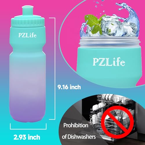 Bike Water Bottle, Squeeze Water Bottle Leakproof BPA Free 24oz | with Capacity Scale w/Pull Top Lid, Reusable, for Bicycle, Gym,Camping, Hiking - color: Green pink