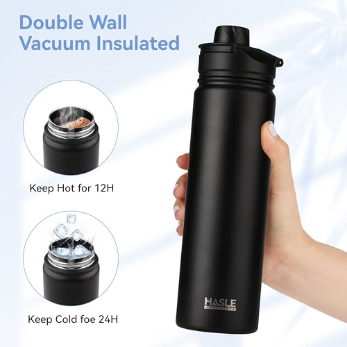 HASLE OUTFITTERS Insulated Water Bottle 22 oz Double Wall Stainless Steel Water Bottle Wide Mouth with Straw Lid & Spout Lid Keeps Cold or Hot(Black,8) - color: Black, size: 22oz- 8 Pack
