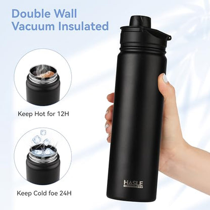 HASLE OUTFITTERS Insulated Water Bottle 22 oz Double Wall Stainless Steel Water Bottle Wide Mouth with Straw Lid & Spout Lid Keeps Cold or Hot(Black,8) - color: Black, size: 22oz- 8 Pack