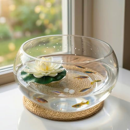10'' Lotus Bowl Planter - Large Clear Glass Lily Flower Hydroponic Fish Tank with Braided Mat, Indoor Succulent Aquatic Plant Bonsai Terrarium Table Centerpiece Pot, No Drainage Hole Floral Round Vase