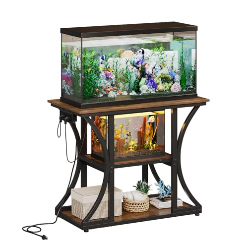 50 Gallon Aquarium Stand with Power Outlets Fish Tank Stand with 3-Tier Storage Shelves Display Stand for Turtle Tank Shelves Metal Frame Stand for Living Room Office Entryway,Brown