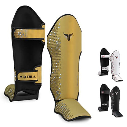 Mytra Fusion Shin Guards MMA, Muay Thai Shin Guards – Shin Instep Protection for Kickboxing, Training, BJJ, Sparring, Boxing Gear and Martial Arts - color: Gold, size: Small