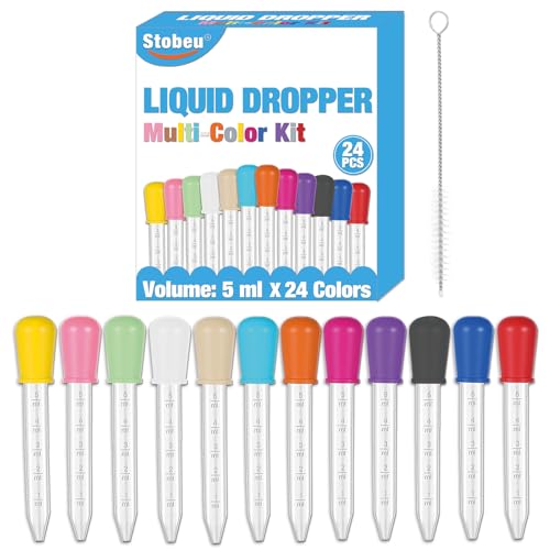 25-Piece Liquid Pipettes Droppers 5ML Set with A Clean Brush, 24 Colors Plastic Clear Pipettes for Kids with Silicone Bulb Tip, Medicine Eye Dropper for Feeding/Crafts/Candy Mold/Gummy Bear Maker/Oil - color: 24-Piece Kit