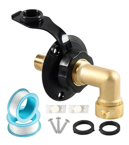 RV City Water Fill Inlet with Elbow Check Valve, 3/4 NH Female to 1/2 NPT Male RV Water Hose Brass Connector Replacement for RV Camper Motorhome Trailer Marine Black