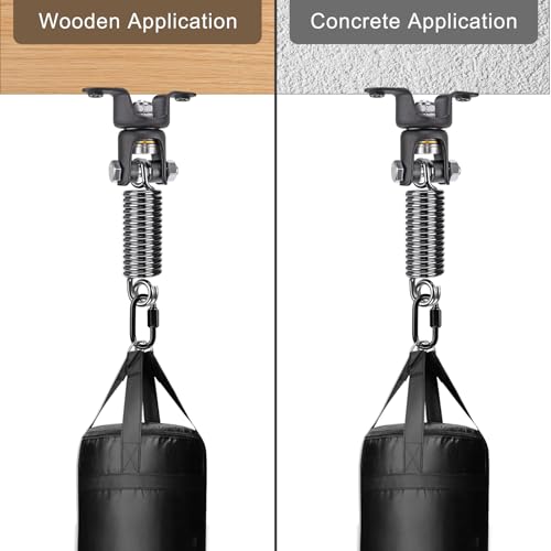 BeneLabel Heavy Bag Ceiling Mount with Spring & Chains 360° Rotation Punching Bag Ceiling Hanger with Bearings Boxing Bags Holder Hardware with 2 Wood Screws and 2 Expansion Screws - color: Hanger with Straight Spring (275 LBs Capacity)