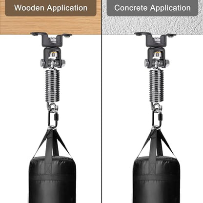 BeneLabel Heavy Bag Ceiling Mount with Spring & Chains 360° Rotation Punching Bag Ceiling Hanger with Bearings Boxing Bags Holder Hardware with 2 Wood Screws and 2 Expansion Screws - color: Hanger with Straight Spring (275 LBs Capacity)