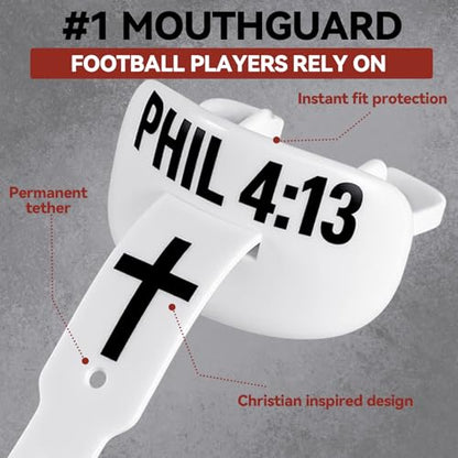Outus 2 Pack Faith Cross Football Mouth Guard God First Philippians 4: 13 Youth Mouthguard Sports Lip Guard with Connected Strap Fits Adult & Youth for Football Lacrosse MMA Boxing Brace