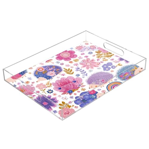Acrylic Tray Clear Serving Vanity Ottoman Bathroom Coffee Table Countertop Organizer Raised Edge Spill Proof Hedgehog and Floral Pink - color: Hedgehog and Floral Pink