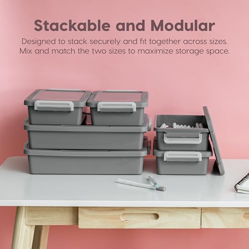 IRIS USA 6 Qt. Plastic Craft Storage Container Bins with Lids, 2 Pack, Small Art & Office Supply Organizer Tote, Sensory Bins & Boxes for Home & University, Stackable, Secure Latch Buckles, Gray